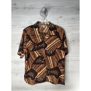 VOIR Shirt Womens Medium Brown‎ Short Sleeve Button Up Camp Abstract Geometric